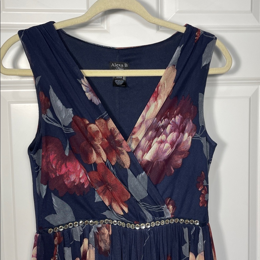 Alexa B Nites Maxi Dress Size 6 V Neck Floral Sleeveless Mesh Embellished Blue - Picture 3 of 15